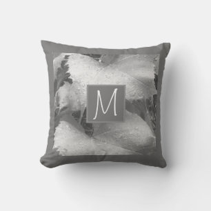 Black and White Photo of Grape Leaves Initial Grey Cushion