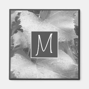 Black and White Photo of Grape Leaves Initial Grey Magnet