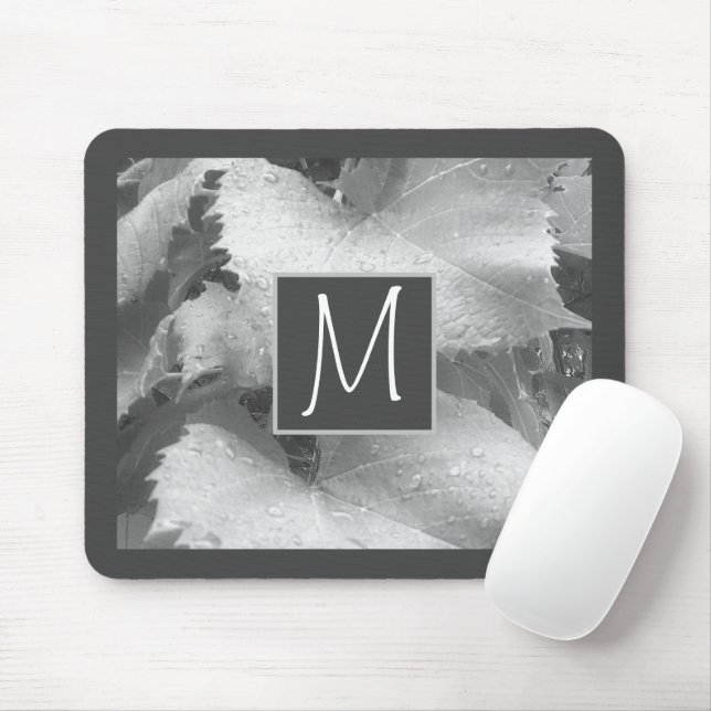Black and White Photo of Grape Leaves Initial Grey Mouse Pad (With Mouse)