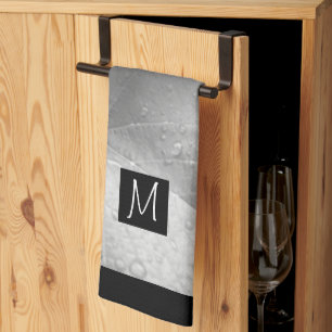 Black and White Photo of Grape Leaves Initial Grey Tea Towel