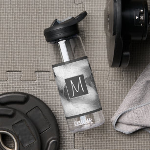 Black and White Photo of Grape Leaves Initial Grey Water Bottle