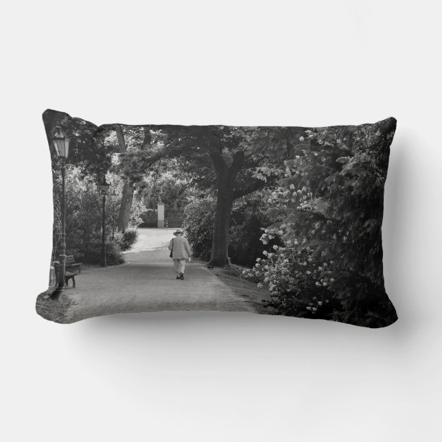 Black and white photo of old man at park lumbar cushion (Front)