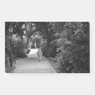 Black and white photo of old man at park post-it notes