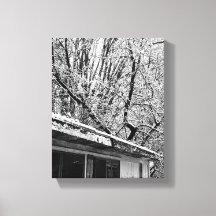 Black and White Photo of Rustic Snowy Winter Scene