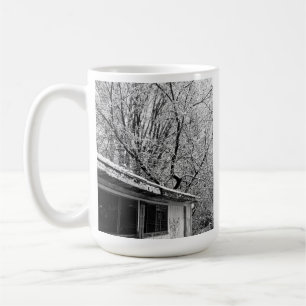 Black and White Photo of Rustic Snowy Winter Scene Coffee Mug