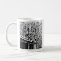 Black and White Photo of Rustic Snowy Winter Scene