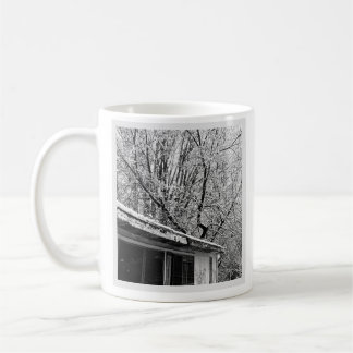 Black and White Photo of Rustic Snowy Winter Scene Coffee Mug