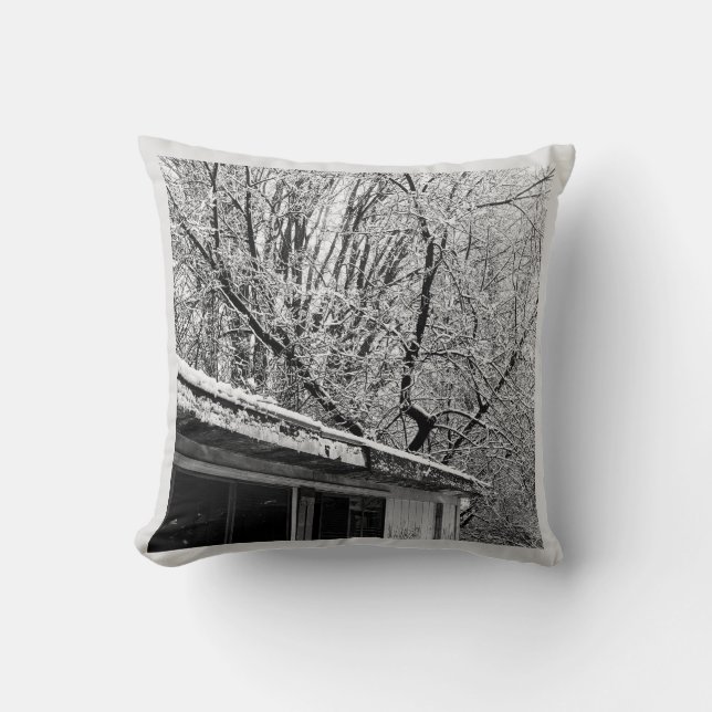 Black and White Photo of Rustic Snowy Winter Scene Cushion (Front)