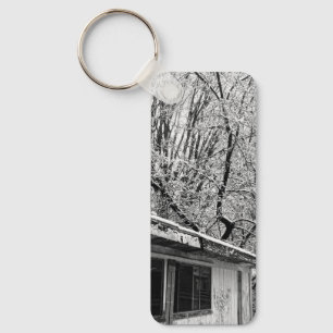 Black and White Photo of Rustic Snowy Winter Scene Key Ring