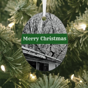 Black and White Photo of Rustic Snowy Winter Scene Metal Tree Decoration