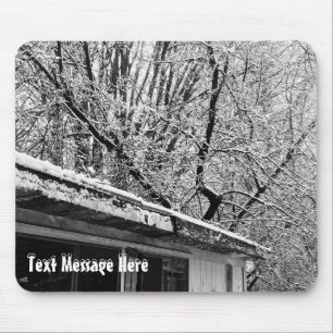 Black and White Photo of Rustic Snowy Winter Scene Mouse Pad