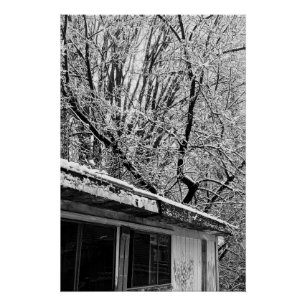 Black and White Photo of Rustic Snowy Winter Scene Poster