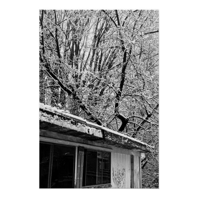 Black and White Photo of Rustic Snowy Winter Scene Poster (Front)