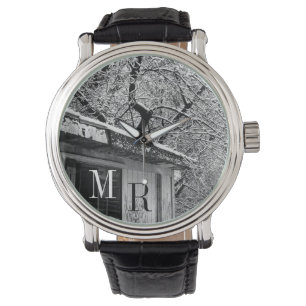Black and White Photo of Rustic Snowy Winter Scene Watch