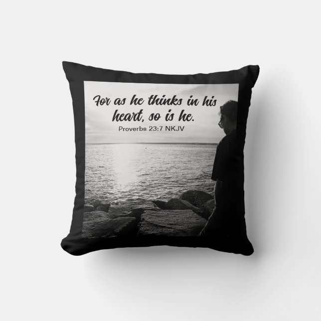 Black and White Photo of Sea and Man Bible Verse Cushion (Front)