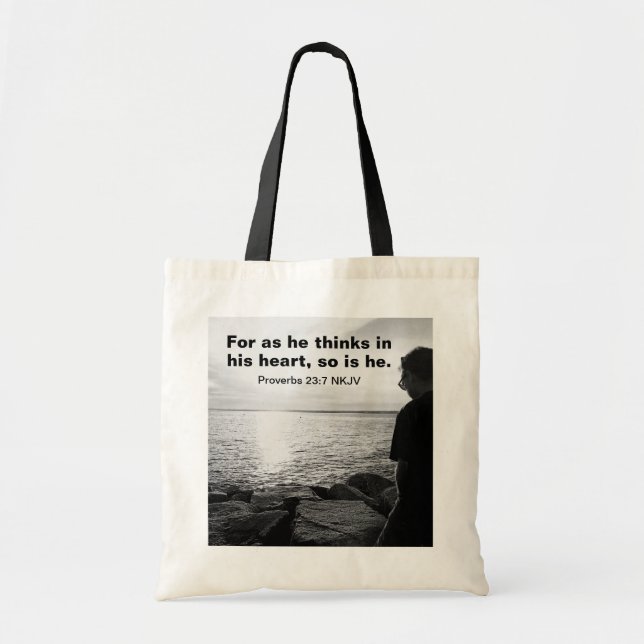 Black and White Photo of Sea and Man Bible Verse Tote Bag (Front)