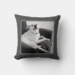 Black and White Photo of Talking Dog Grey Cushion