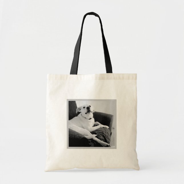 Black and White Photo of Talking Dog Text Message Tote Bag (Front)