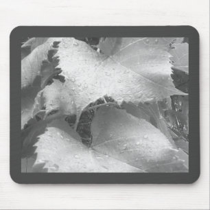 Black and White Photo of Wet and Dewy Grape Leaves Mouse Pad