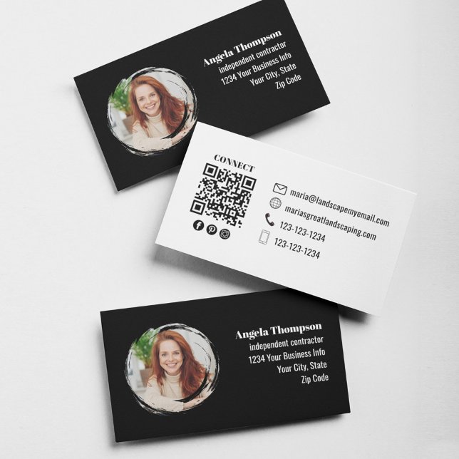 Black and White Photo QR Code Connect with Me Business Card (Black and white photo and QR code business cards. )