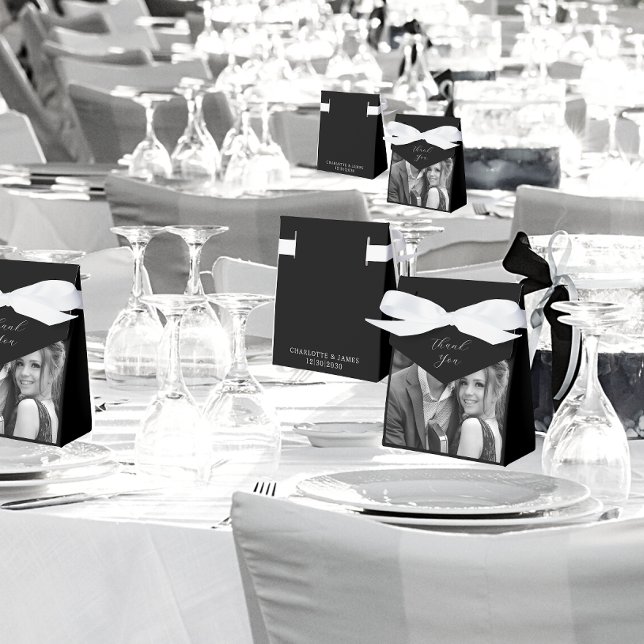 Black And White Photo Thank You Black Wedding Favour Box (In Situ)