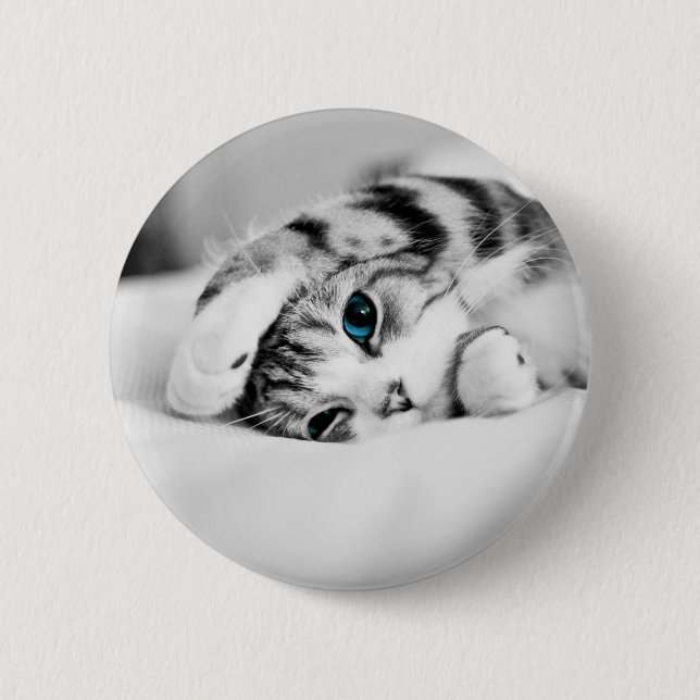 Black and white photograph of a cat 6 cm round badge (Front)