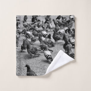 Black and white photography of many pigeons wash cloth