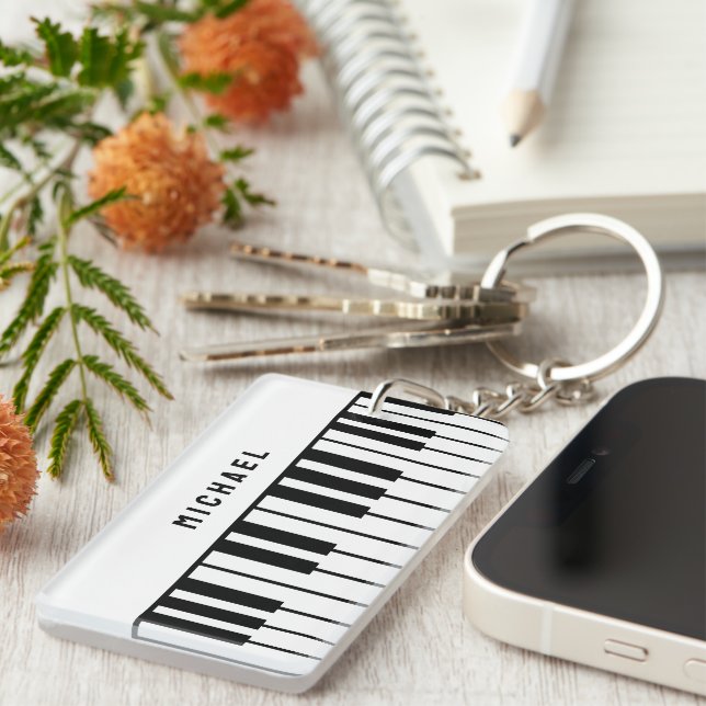 Black and White Piano Keyboard Monogram Key Ring (Front Right)