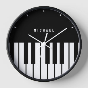 Black and White Piano Keyboard Monogram Name Clock