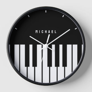 Black and White Piano Keyboard Monogram Name Clock