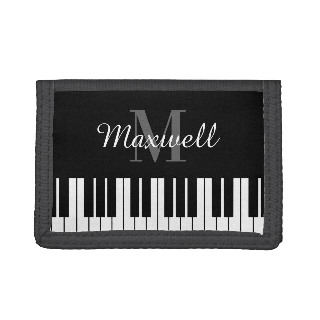 Black and white piano keys custom monogram trifold wallet (Front)