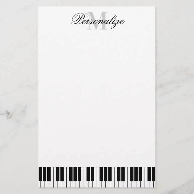 Black and white piano keys custom name monogram stationery (Front)
