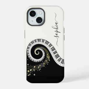 Black and White Piano Keys Music Notes Monogrammed iPhone 15 Case