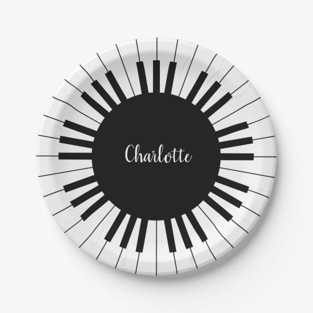 Black and White Piano Keys With Customazed Name Paper Plate (Front)