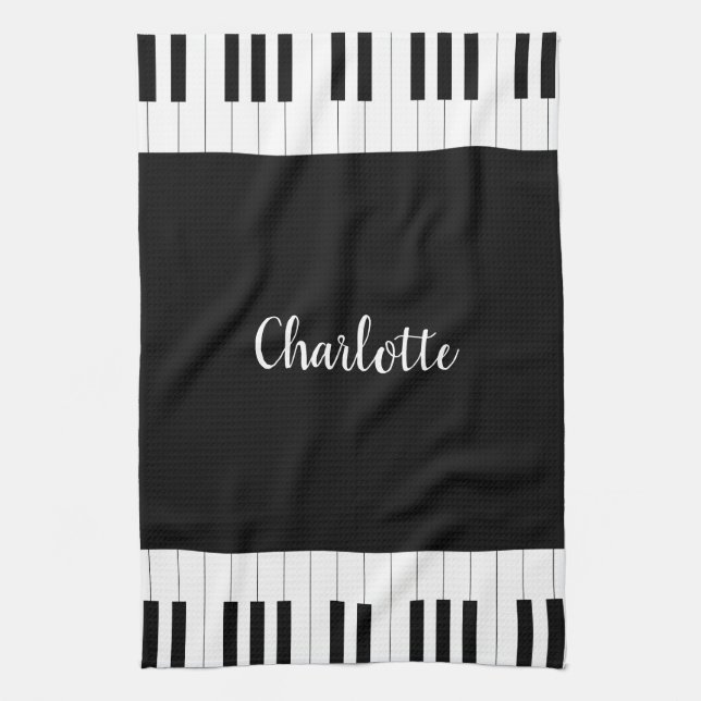 Black and White Piano Keys With Customazed Name Tea Towel (Vertical)