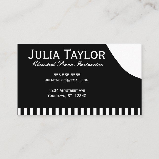 Black and White Piano Music Teacher Musician Business Card (Front)