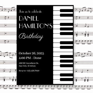 Black and white Piano tuts birthday Invitation