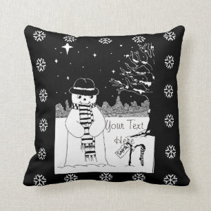 black and white picture cute snowman at christmas cushion