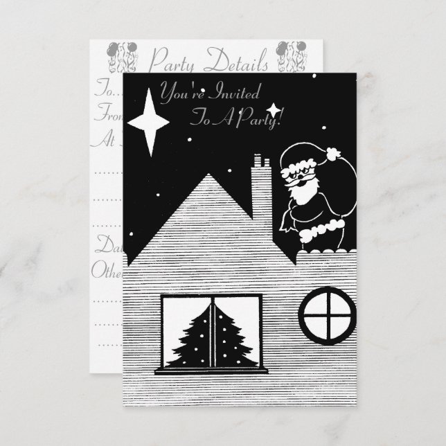black and white picture of cute santa at christmas invitation (Front/Back)