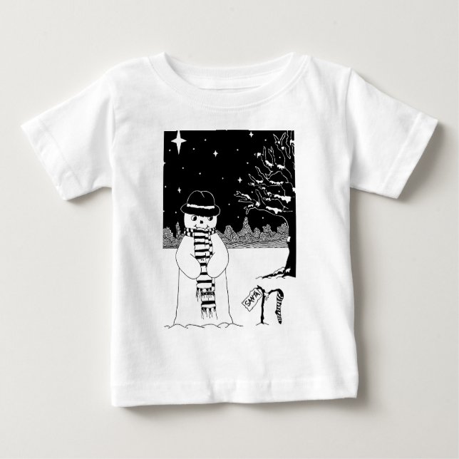 black and white picture of cute snowman Christmas Baby T-Shirt (Front)