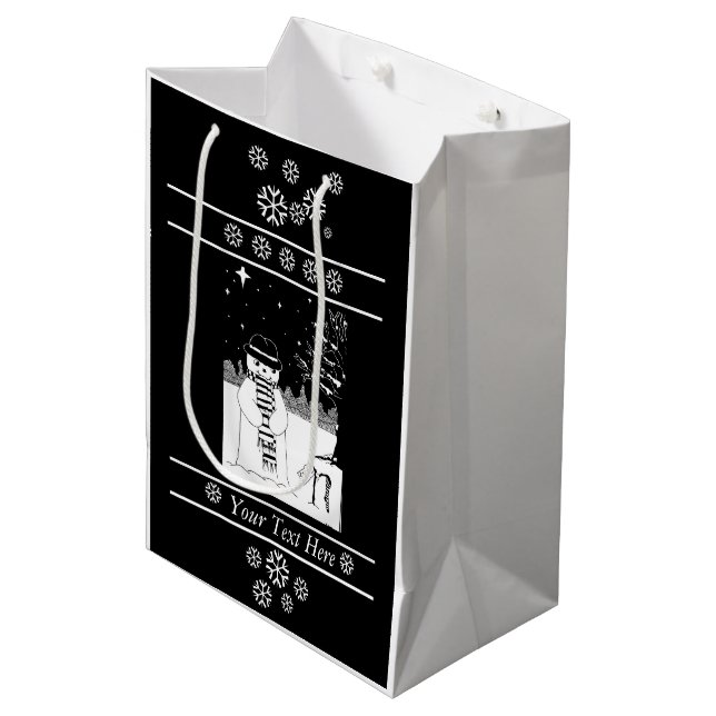 black and white picture of snowman at christmas medium gift bag (Front Angled)