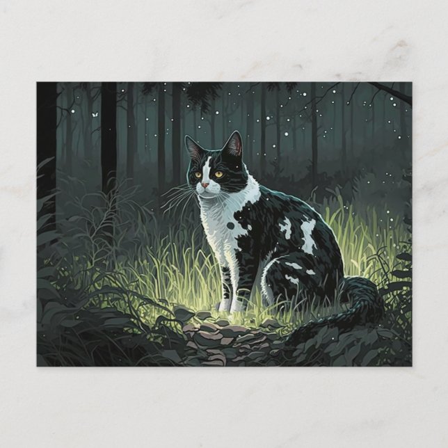 Black and White Piebald Cat in the Forest Postcard (Front)