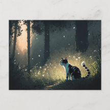 Black and White Piebald Cat in the Forest Postcard