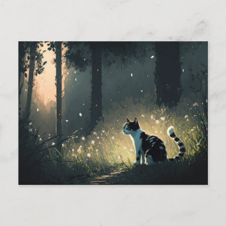 Black and White Piebald Cat in the Forest Postcard