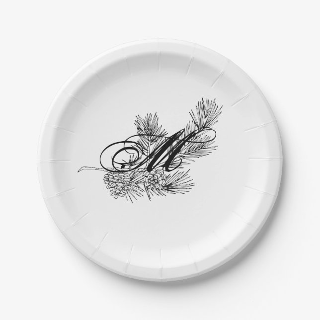 Black and white pine branch pine cones monogram paper plate (Front)