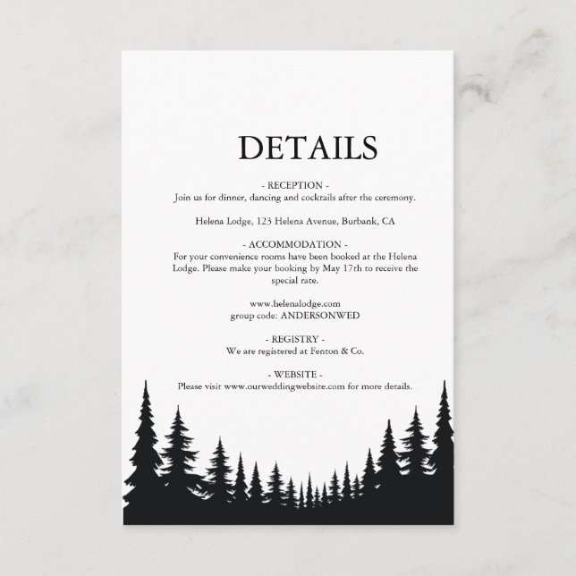 Black and White Pine trees Winter Wedding Enclosure Card (Front)