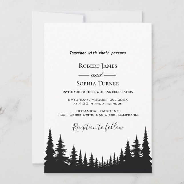 Black and White Pine trees Winter Wedding Invitation (Front)