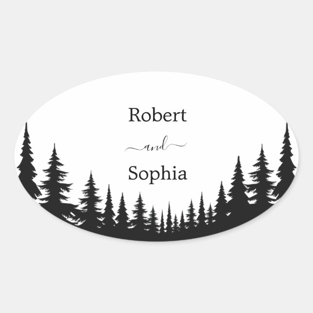 Black and White Pine trees Winter Wedding Oval Sticker (Front)