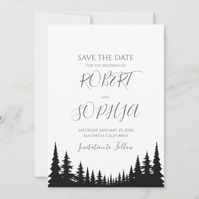 Black and White Pine trees Winter Wedding Save The Date (Front)