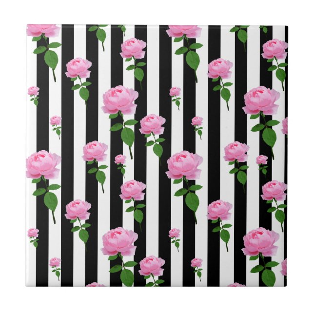 Black And White Pink Rose Flower Stripes Ceramic Tile (Front)